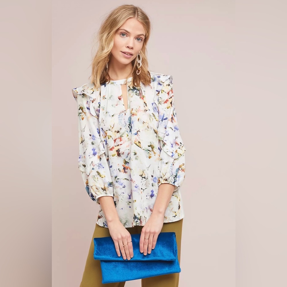 NWOT Dolan Anthropologie XS Araminta Lightweight Watercolor Floral Ruffle Shirt